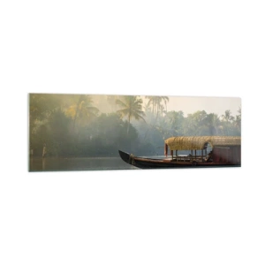 Impression sur verre - Image sur verre - Un bateau traditionnel sur une rivière calme parmi les palmiers - 160x50cm - Maison sur la rivière - Décoration murale moderne pour le salon et la chambre ARTTOR