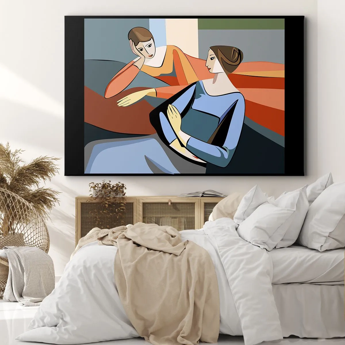 Impression sur toile - Image sur toile - Illustration abstraite de deux femmes dans le style cubiste - 100x70cm - Un moment de confiance - Décoration murale moderne pour le salon et la chambre ARTTOR