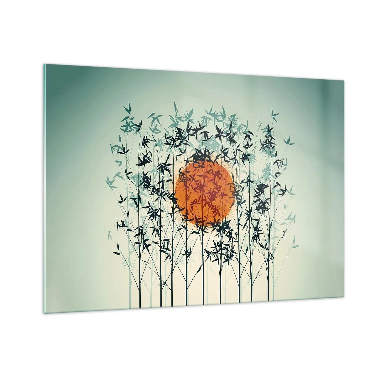 Impression sur verre - Image sur verre - Soleil rouge parmi les délicates feuilles de bambou - 100x70cm - Soleil japonnais - Décoration murale moderne pour le salon et la chambre ARTTOR