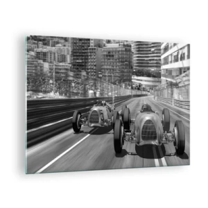 Impression sur verre - Image sur verre - Course automobile historique en noir et blanc - 70x50cm - Il y a longtemps à Monté Carlo - Décoration murale moderne pour le salon et la chambre ARTTOR