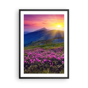 Affiche dans un cadre noir - Poster - Panorama de montagne avec rhododendrons en fleurs et coucher de soleil - 50x70cm - … Et autour, ça sent le pin des montagnes et l'odeur de la prairie - Décoration murale moderne pour le salon et la chambre ARTTOR