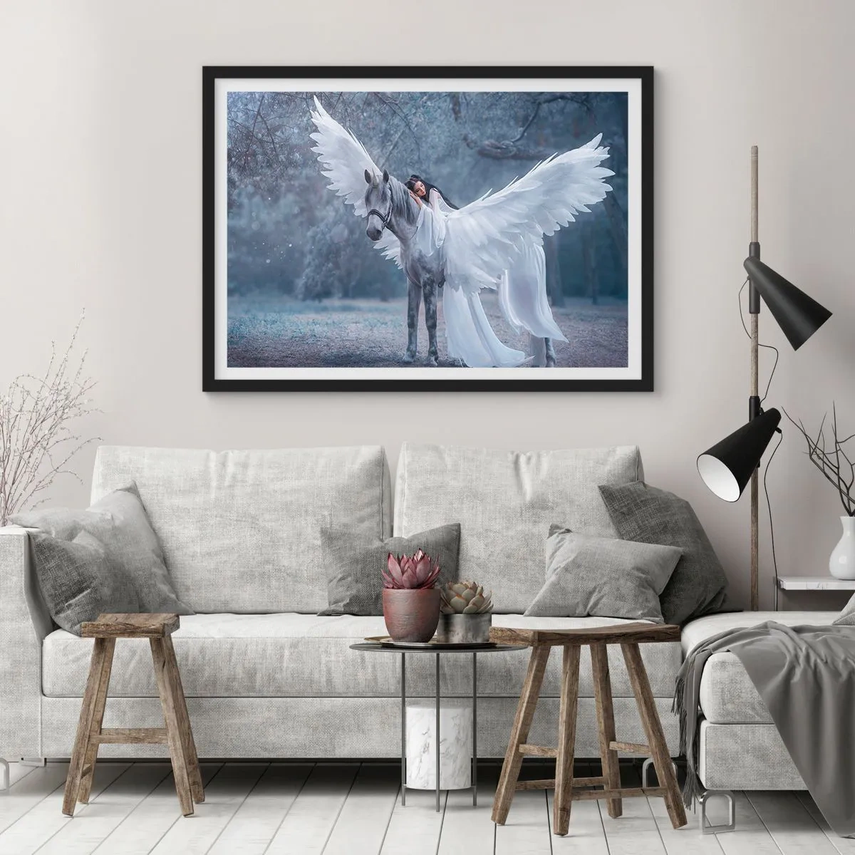 Affiche dans un cadre noir - Poster - Une femme sur un cheval blanc avec des ailes dans une forêt magique - 70x50cm - Un moment inspiré - Décoration murale moderne pour le salon et la chambre ARTTOR
