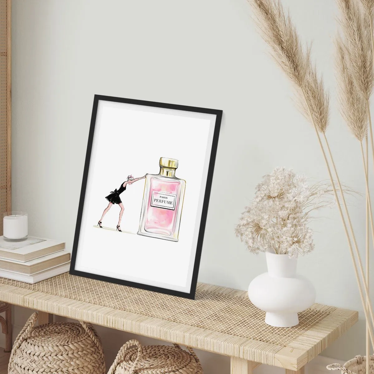 Affiche dans un cadre noir - Poster - Illustration d'un flacon de parfum avec la silhouette d'une femme en robe - 50x70cm - L'essence des femmes - Décoration murale moderne pour le salon et la chambre ARTTOR