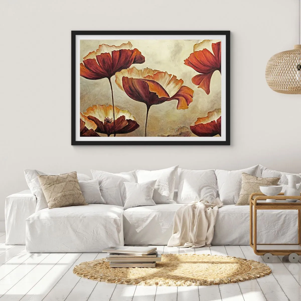 Affiche dans un cadre noir - Poster - Fleurs subtiles dans des tons de rouge et d'or sur un fond clair - 100x70cm - À la lisière des champs - Décoration murale moderne pour le salon et la chambre ARTTOR