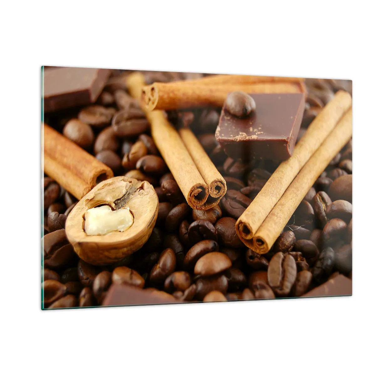 Impression sur verre - Image sur verre - Gros plan sur le café, la cannelle, le chocolat et les noix - 120x80cm - Concert d'aromates - Décoration murale moderne pour le salon et la chambre ARTTOR