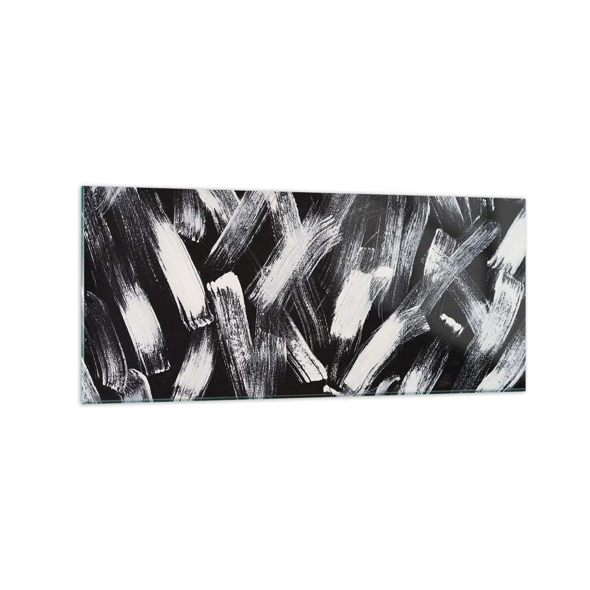 Impression sur verre - Image sur verre - Abstraction dynamique avec des coups de pinceau blancs sur fond noir. - 120x50cm - L'abstraction dans l'esprit industriel - Décoration murale moderne pour le salon et la chambre ARTTOR