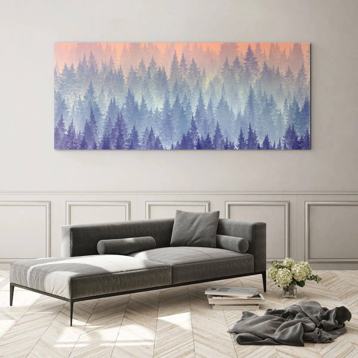 Impression sur verre - Image sur verre - Une forêt brumeuse aux tons violets et orange - 140x50cm - Haut, plus haut, vers le ciel - Décoration murale moderne pour le salon et la chambre ARTTOR