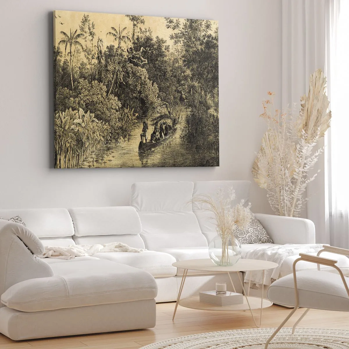 Impression sur toile - Image sur toile - Dessin d'une jungle avec un bateau sur une rivière - 100x70cm - Expédition à la source - Décoration murale moderne pour le salon et la chambre ARTTOR