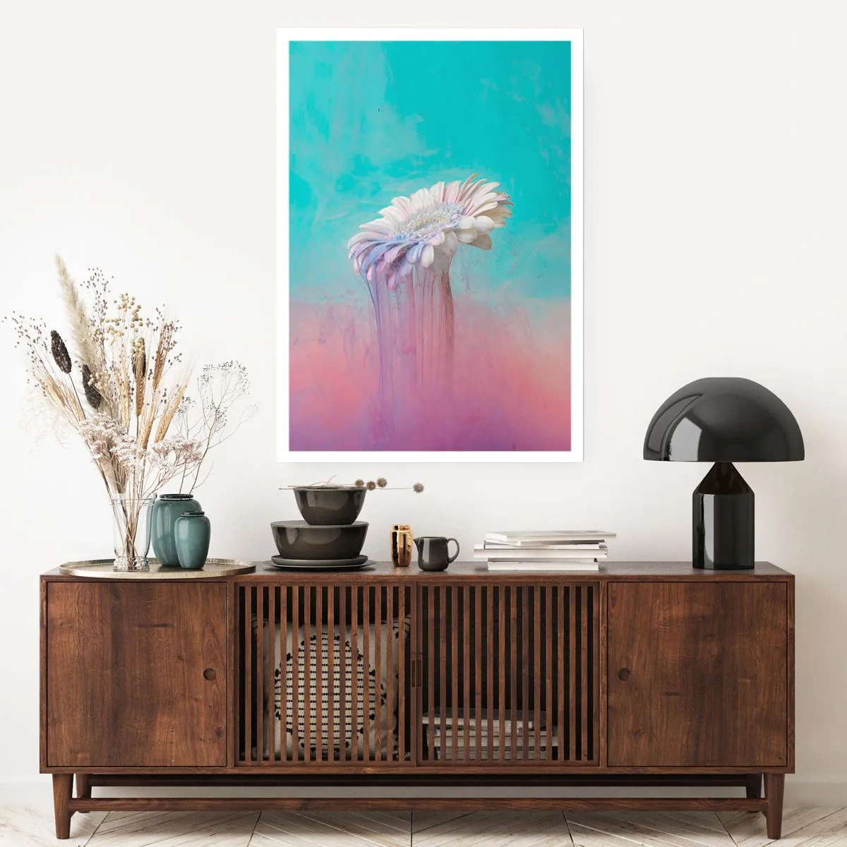 Affiche - Poster - Gerbera blanc avec des stries colorées sur fond pastel - 50x70cm - Le monde souterrain des fleurs - Décoration murale moderne pour le salon et la chambre ARTTOR