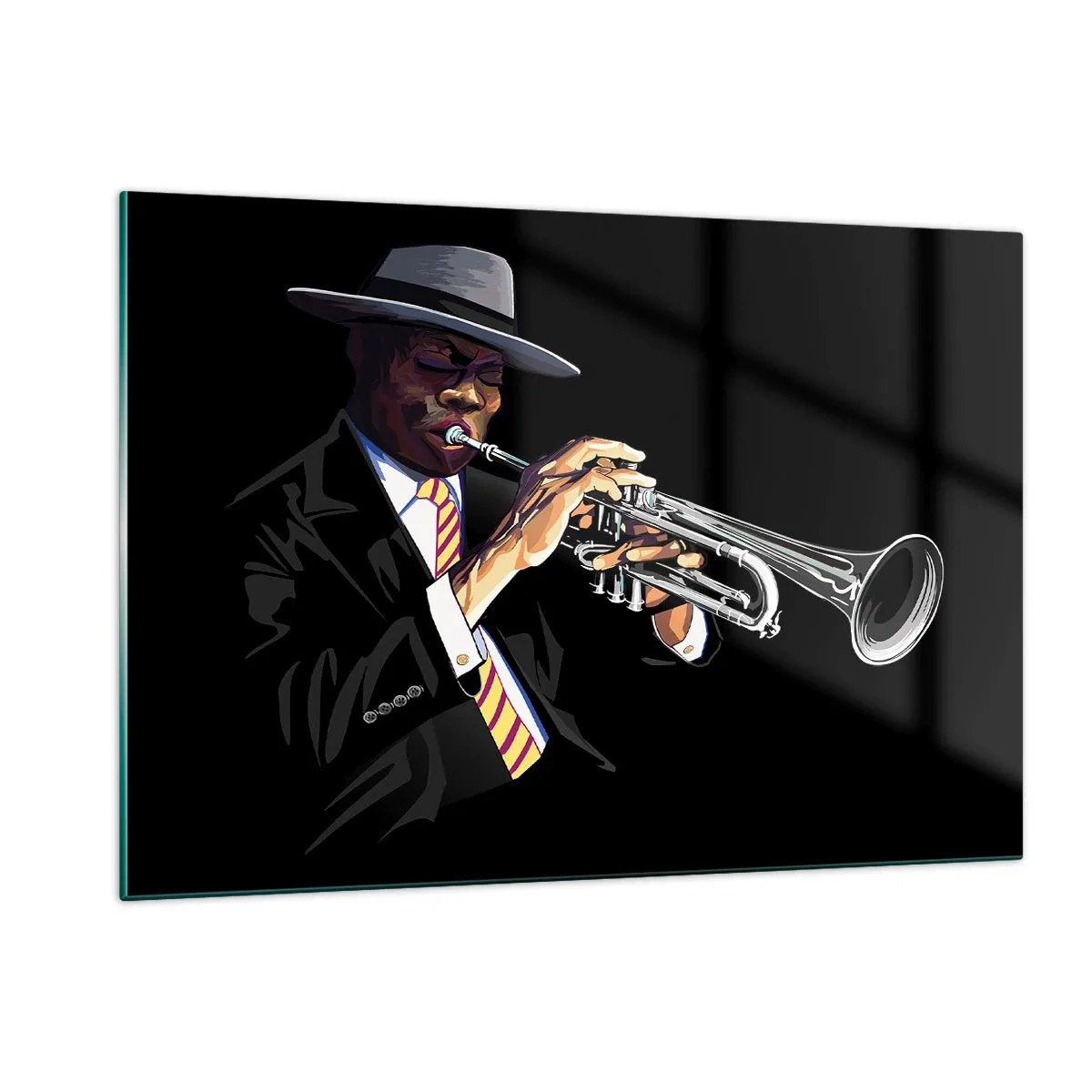 Impression sur verre - Image sur verre - Un musicien noir avec une trompette et un chapeau sur fond noir - 120x80cm - Le charme de la vieille école - Décoration murale moderne pour le salon et la chambre ARTTOR