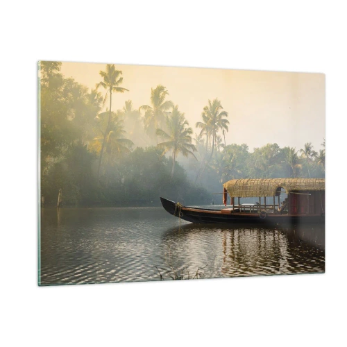 Impression sur verre - Image sur verre - Un bateau sur une rivière calme entourée de palmiers le matin - 120x80cm - Maison sur la rivière - Décoration murale moderne pour le salon et la chambre ARTTOR
