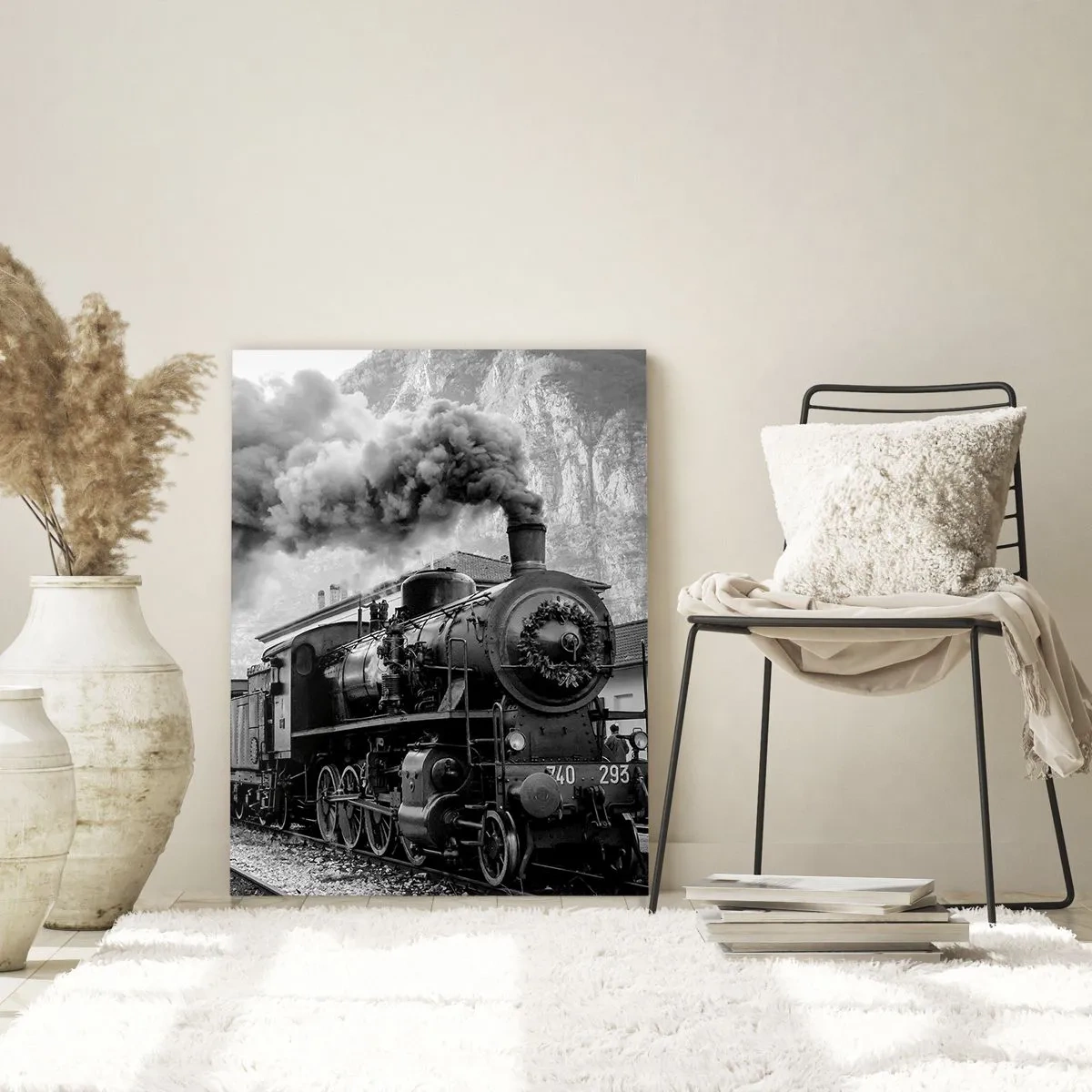 Impression sur verre - Image sur verre - Un vieux train à vapeur dans un paysage de montagne - 50x70cm - Attend à la gare... - Décoration murale moderne pour le salon et la chambre ARTTOR