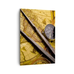Impression sur toile - Image sur toile - Une carte du monde antique avec une boussole et un compas en arrière-plan - 70x100cm - Où sont ces trésors? - Décoration murale moderne pour le salon et la chambre ARTTOR