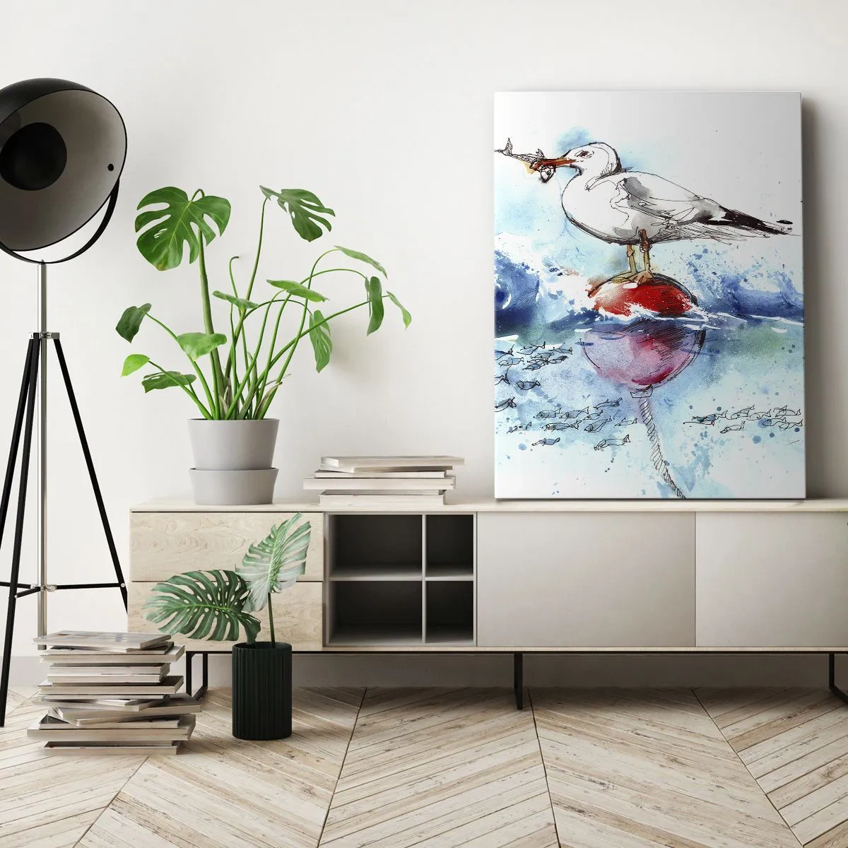 Impression sur toile - Image sur toile - Mouette sur une bouée avec des poissons en arrière-plan dans un style aquarelle - 70x100cm - Prise réussie - Décoration murale moderne pour le salon et la chambre ARTTOR