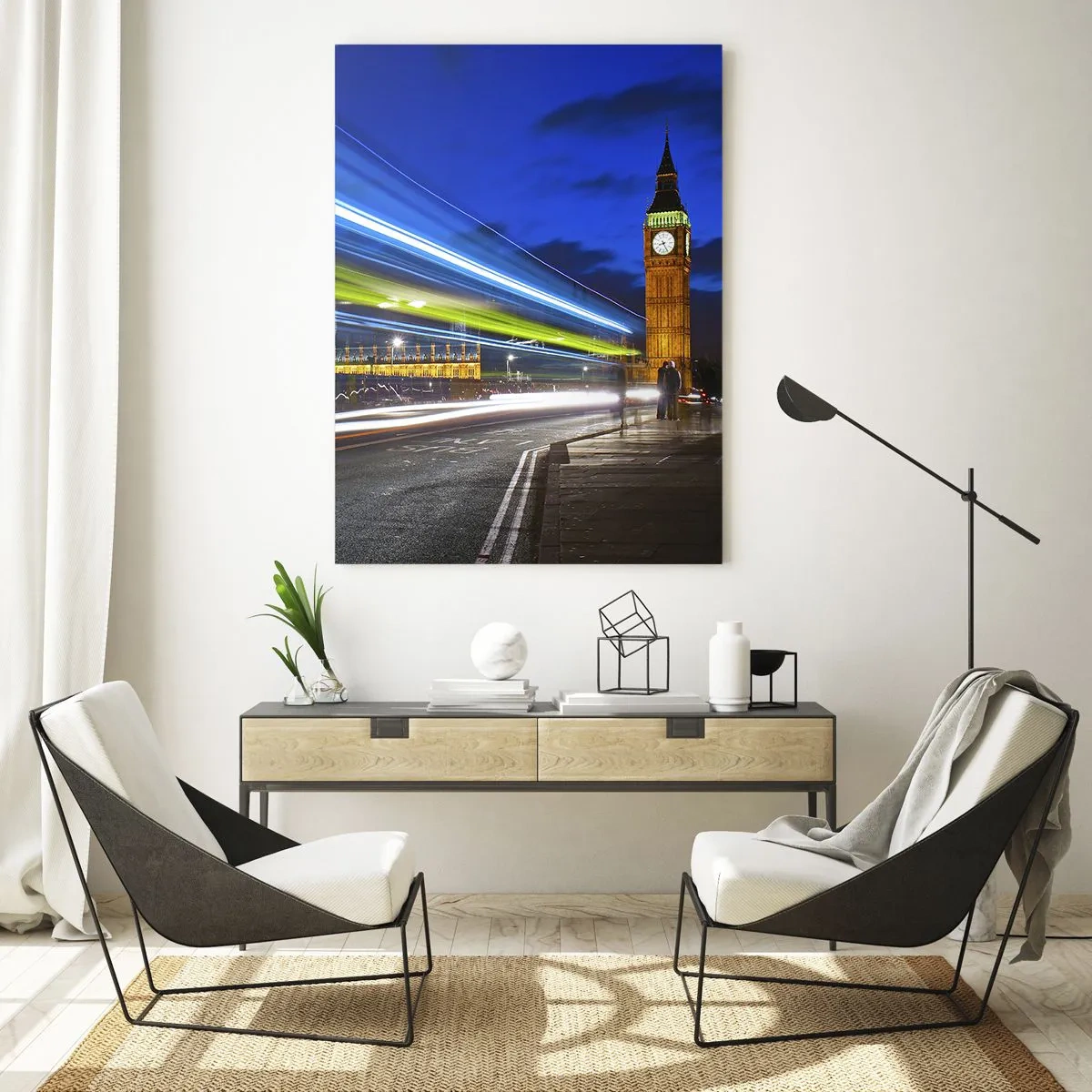 Impression sur verre - Image sur verre - Big Ben la nuit avec des phares de voiture flous - 50x70cm - Sous l'œil de Big Ben - Décoration murale moderne pour le salon et la chambre ARTTOR