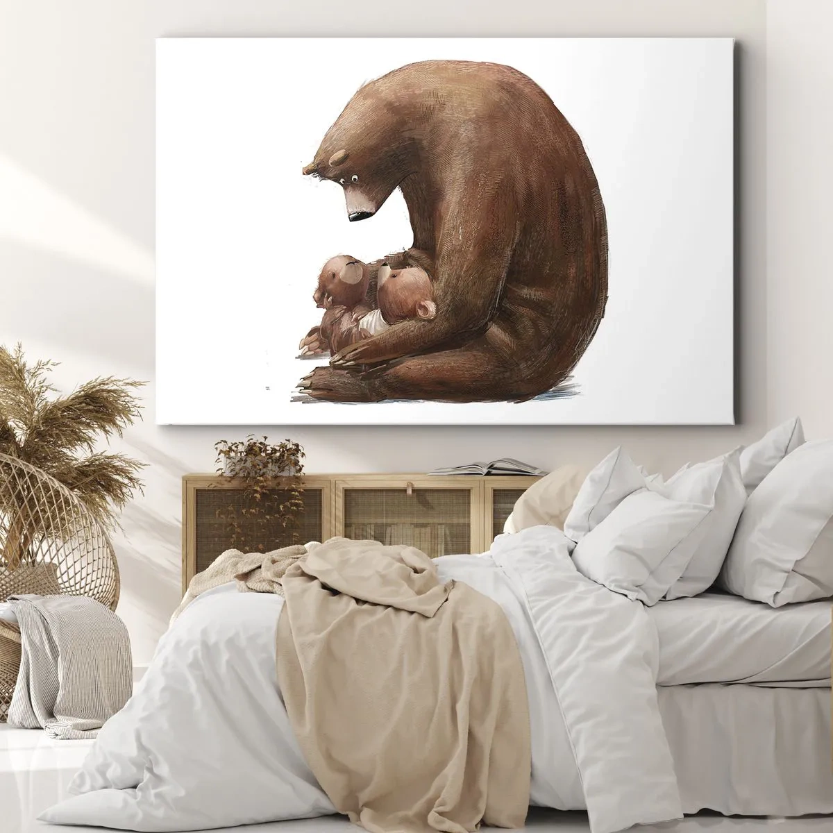 Impression sur toile - Image sur toile - Une mère ours avec deux petits ours dans ses bras - 100x70cm - Faites de beaux rêves les enfants - Décoration murale moderne pour le salon et la chambre ARTTOR