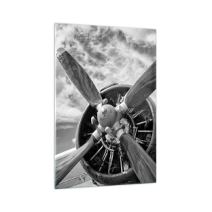 Impression sur verre - Image sur verre - Une photo en noir et blanc d'une hélice d'avion contre un ciel dynamique. - 70x100cm - Dompteur de ciel - Décoration murale moderne pour le salon et la chambre ARTTOR