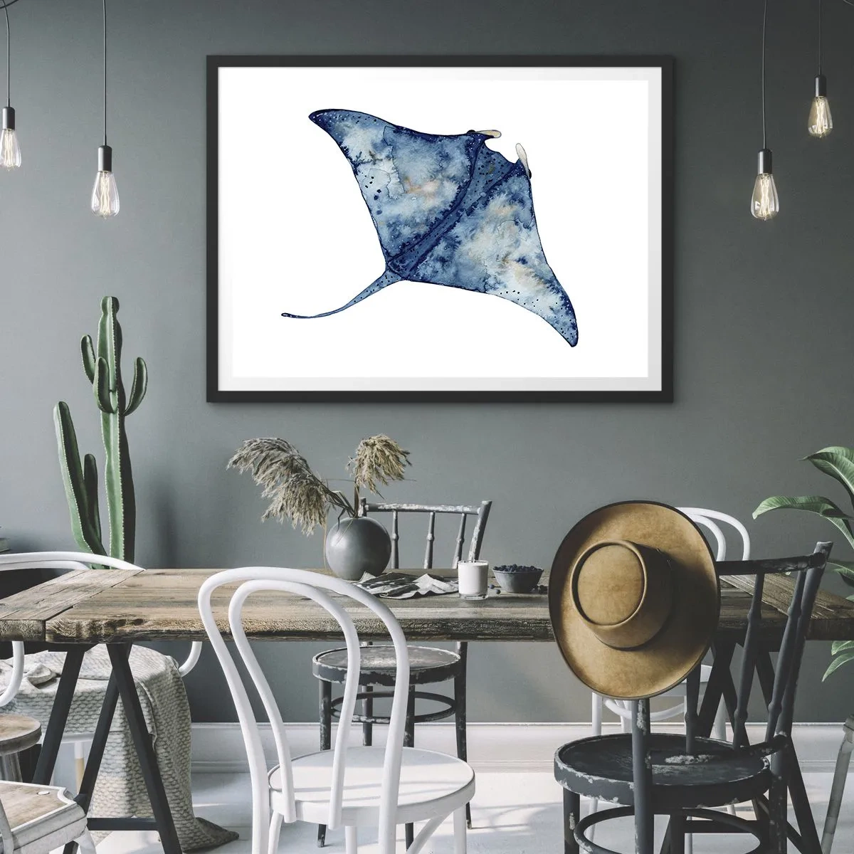 Affiche dans un cadre noir - Poster - Raie bleue à l'aquarelle sur fond blanc - 100x70cm - La vie en bleu - Décoration murale moderne pour le salon et la chambre ARTTOR