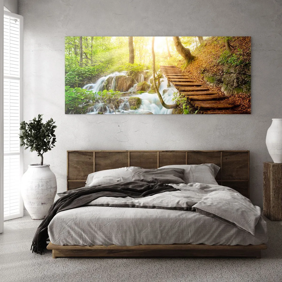 Impression sur verre - Image sur verre - Chemin forestier avec escaliers en bois près de la cascade - 120x50cm - Une fraîcheur tant désirée - Décoration murale moderne pour le salon et la chambre ARTTOR