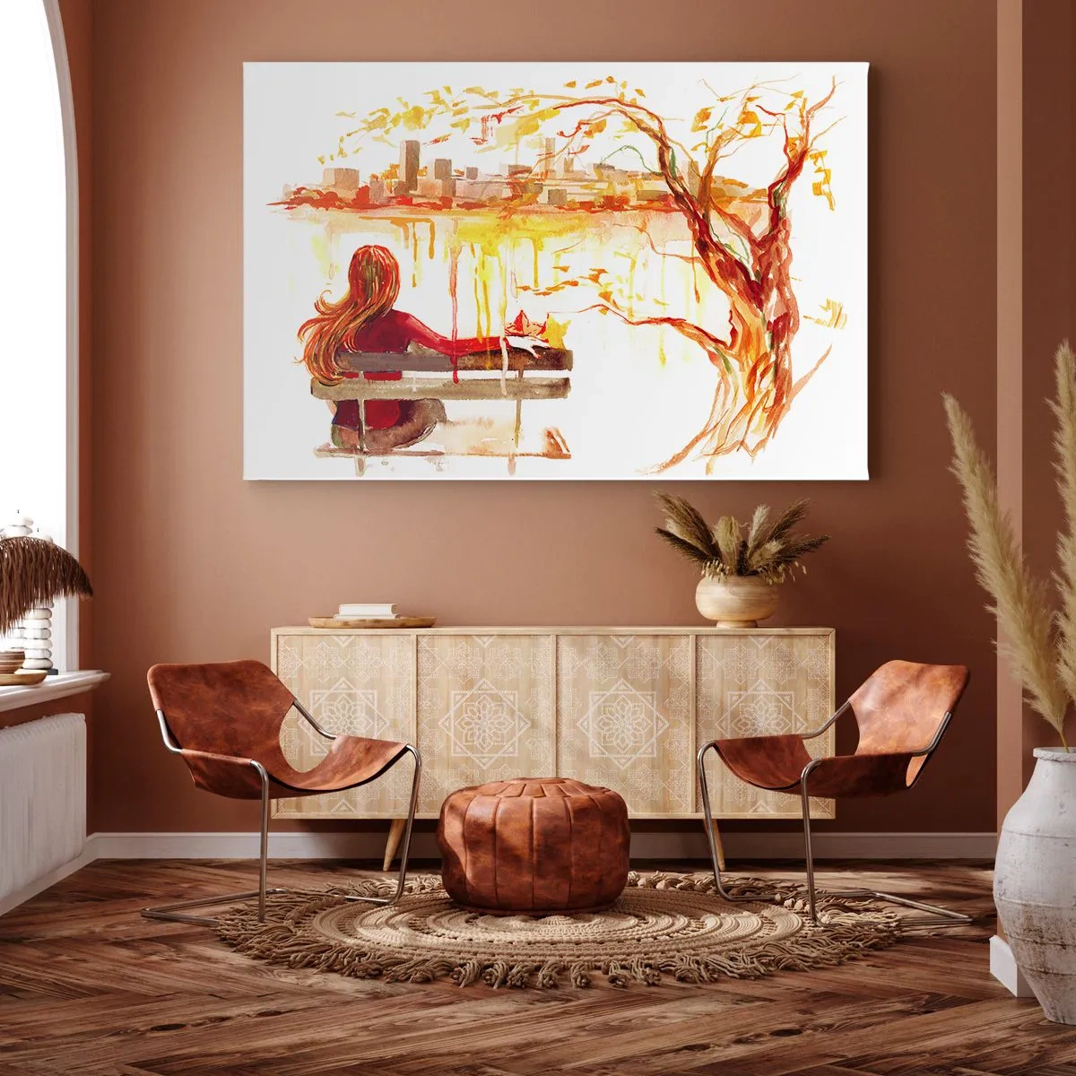 Impression sur toile - Image sur toile - Scène à l'aquarelle d'une femme sur un banc surplombant la ville - 70x50cm - Un moment de réflexion - Décoration murale moderne pour le salon et la chambre ARTTOR