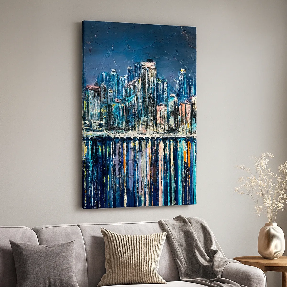 Impression sur toile - Image sur toile - Panorama de la ville nocturne reflétée dans l'eau - 50x70cm - Cascade de lumières - Décoration murale moderne pour le salon et la chambre ARTTOR