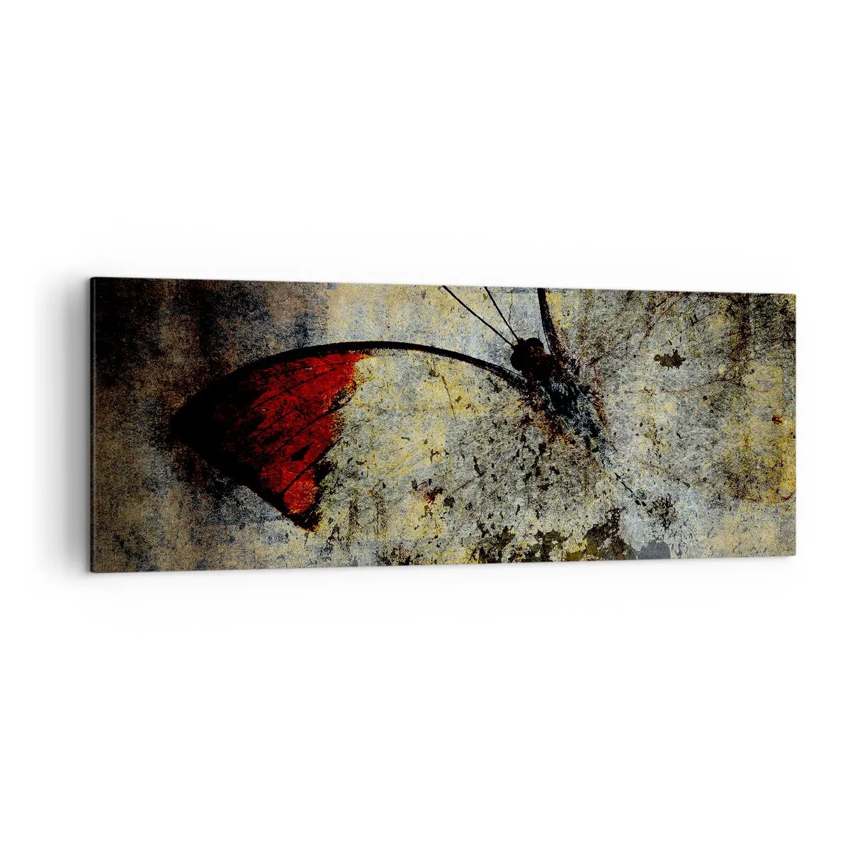 Impression sur toile - Image sur toile - Un papillon dans les tons de rouge et de gris sur un fond texturé - 140x50cm - Regarde avant que je disparaisse - Décoration murale moderne pour le salon et la chambre ARTTOR