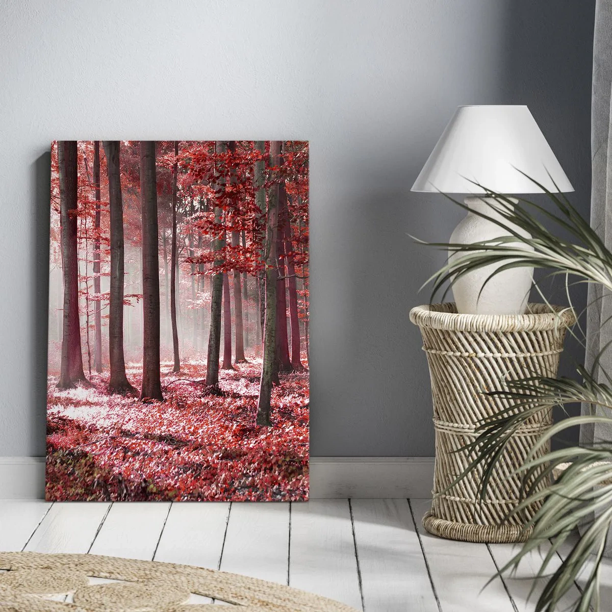Impression sur toile - Image sur toile - Une forêt époustouflante aux teintes rouges avec des rayons de lumière pénétrant à travers les arbres - 70x100cm - Le rouge est tout aussi beau - Décoration murale moderne pour le salon et la chambre ARTTOR