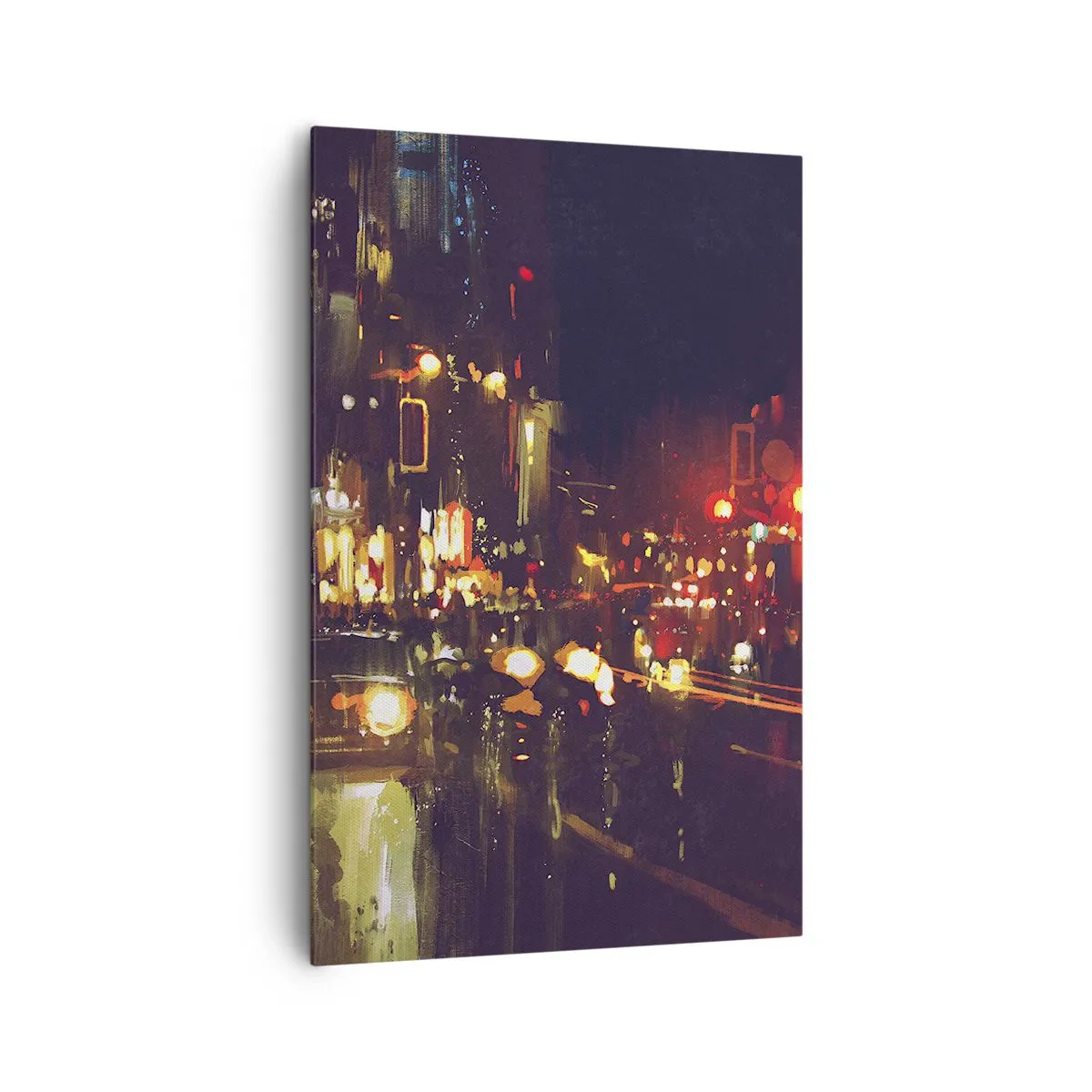 Impression sur toile - Image sur toile - Scène de ville nocturne avec des lumières colorées et des reflets dans la rue - 80x120cm - Immergé dans les lumières de la nuit - Décoration murale moderne pour le salon et la chambre ARTTOR