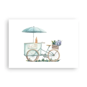 Affiche - Poster - Un vélo avec de la glace et des fleurs sous un parapluie aux couleurs pastel délicates - 100x70cm - Doux souvenir d'été - Décoration murale moderne pour le salon et la chambre ARTTOR