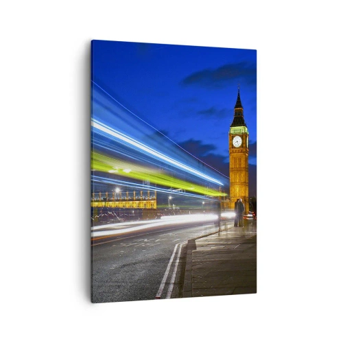 Impression sur toile - Image sur toile - Big Ben la nuit avec l'effet des lumières dans la circulation routière - 50x70cm - Sous l'œil de Big Ben - Décoration murale moderne pour le salon et la chambre ARTTOR