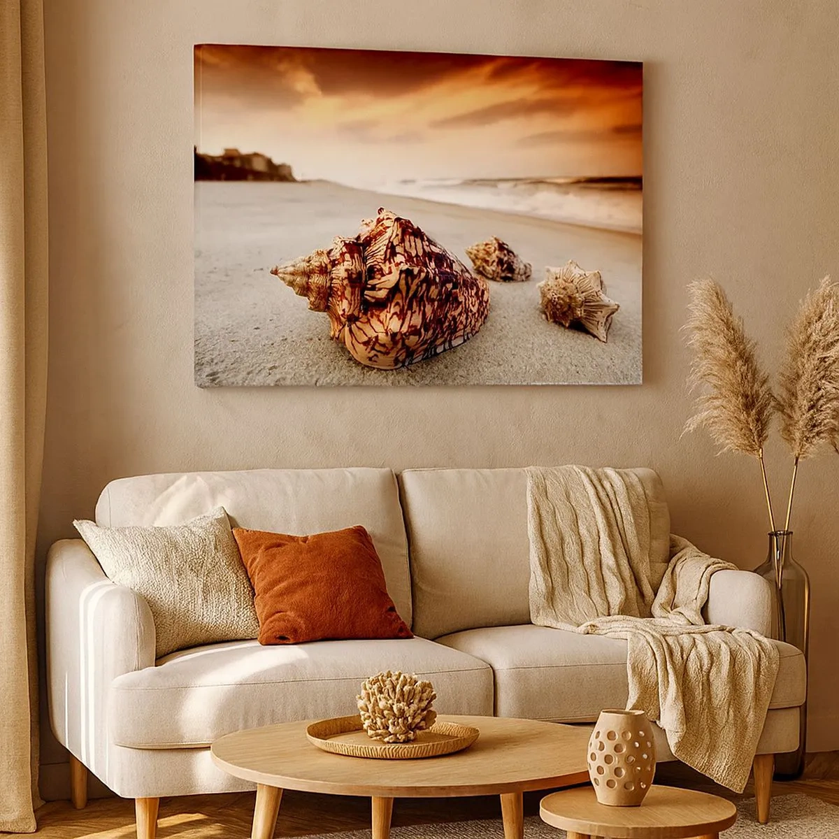 Impression sur toile - Image sur toile - Coquillages sur la plage au coucher du soleil - 70x50cm - Les parias des vagues - Décoration murale moderne pour le salon et la chambre ARTTOR