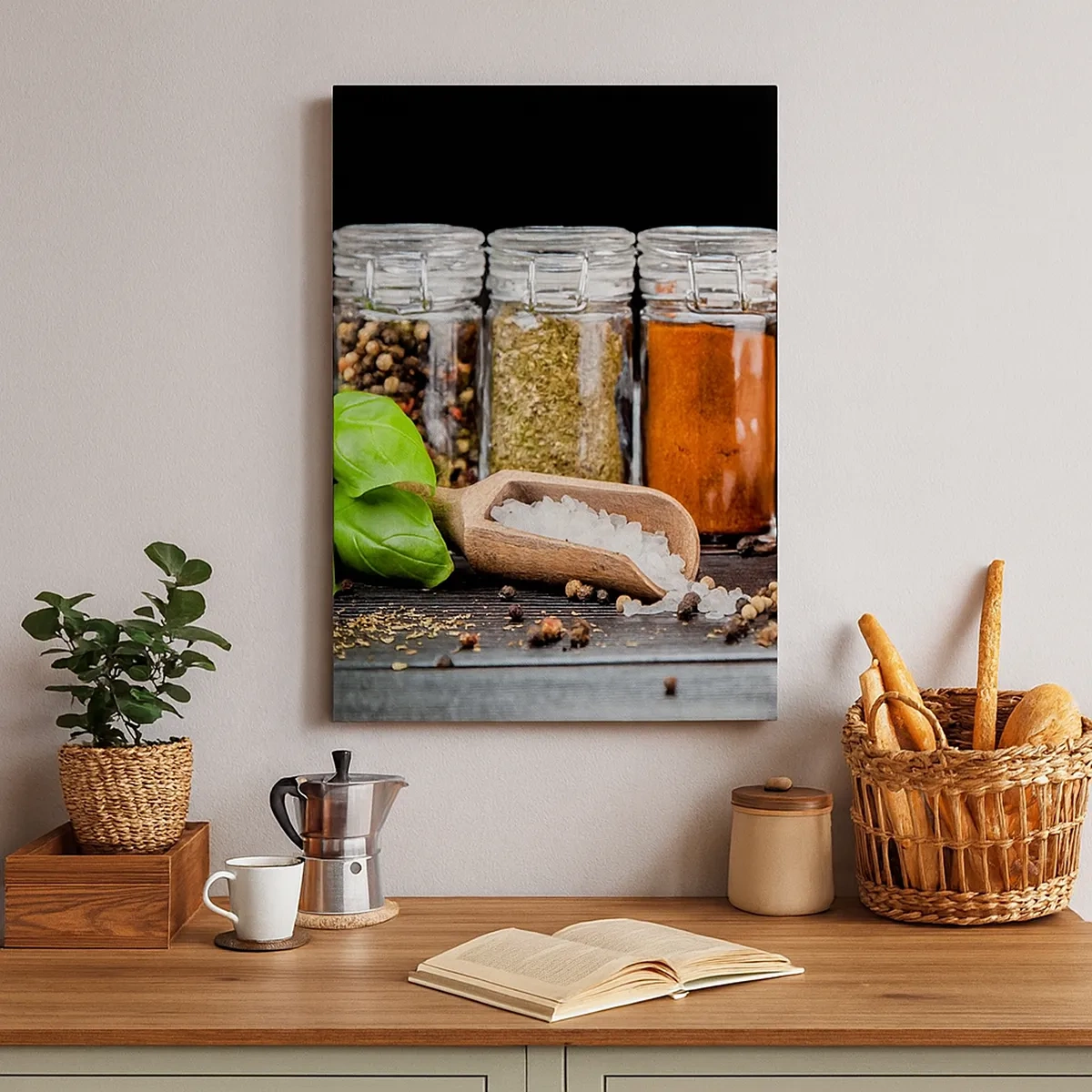 Impression sur toile - Image sur toile - Herbes et épices dans des bocaux en verre sur fond sombre - 50x70cm - Pour que la vie ait du goût - Décoration murale moderne pour le salon et la chambre ARTTOR