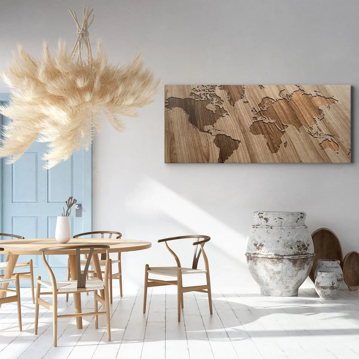 Impression sur toile - Image sur toile - Une carte du monde découpée sur une surface en bois - 160x50cm - Le monde est sur la table - Décoration murale moderne pour le salon et la chambre ARTTOR