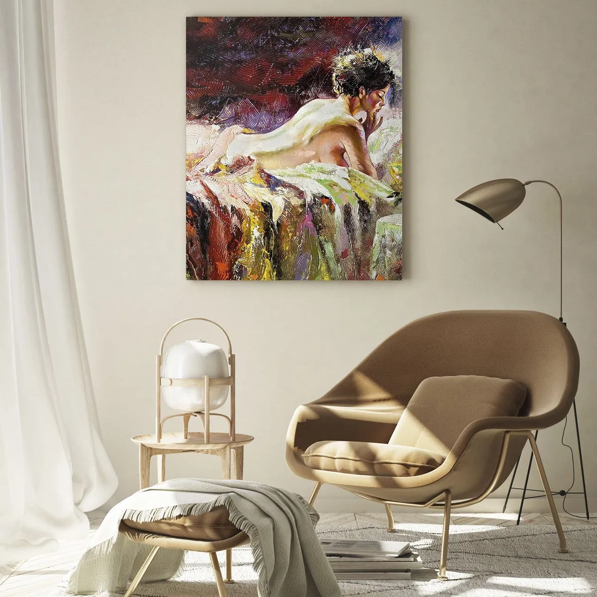 Impression sur verre - Image sur verre - Une femme allongée sur un lit sur un fond de couleurs abstraites. - 80x120cm - Vénus en pensée - Décoration murale moderne pour le salon et la chambre ARTTOR