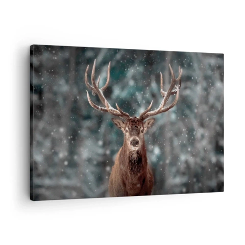 Impression sur toile - Image sur toile - Cerf dans une forêt d'hiver avec de la neige qui tombe - 70x50cm - Roi de la forêt couronné - Décoration murale moderne pour le salon et la chambre ARTTOR