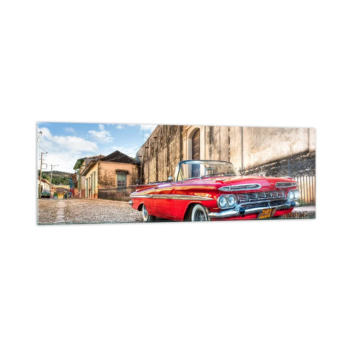 Impression sur verre - Image sur verre - Voiture classique rouge dans une rue pavée - 160x50cm - Émotions cubaines - Décoration murale moderne pour le salon et la chambre ARTTOR