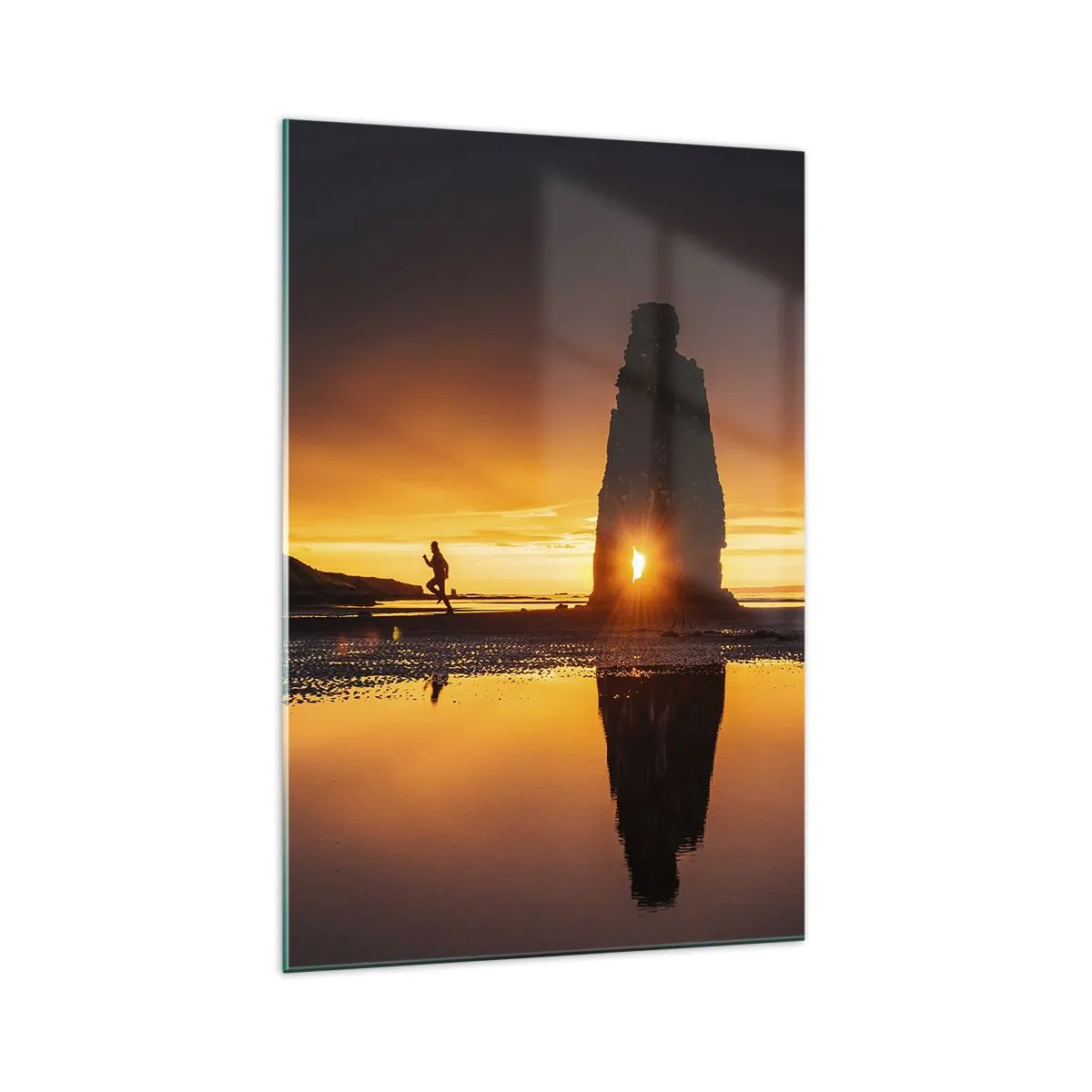 Impression sur verre - Image sur verre - Personne courant sur la plage au coucher du soleil avec formation rocheuse - 70x100cm - Juste vous et la nature - Décoration murale moderne pour le salon et la chambre ARTTOR