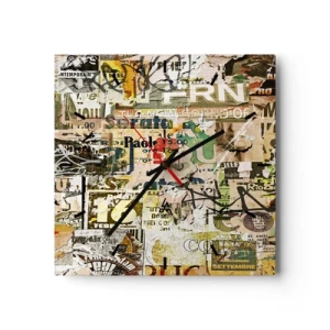 Horloge murale - Pendule murale - Un collage de fragments de journaux et d'affiches dans un style artistique. - 30x30cm - Oh, il se passe quelque chose... - Décoration murale moderne pour le salon et la chambre ARTTOR