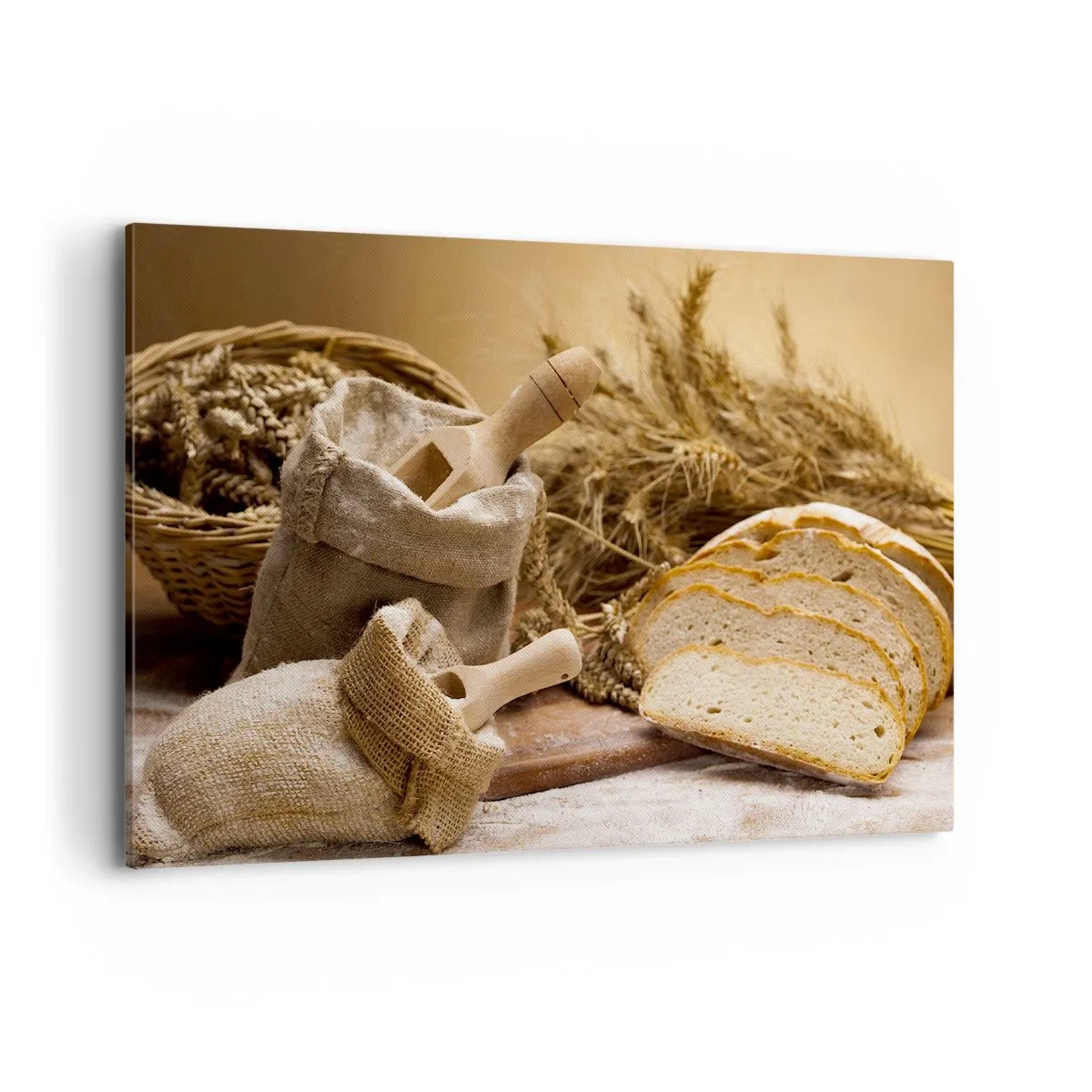 Impression sur toile - Image sur toile - Un paysage avec du pain, de la farine et des épis de blé dans un style rustique. - 120x80cm - Comment il coupe avec un couteau - Décoration murale moderne pour le salon et la chambre ARTTOR