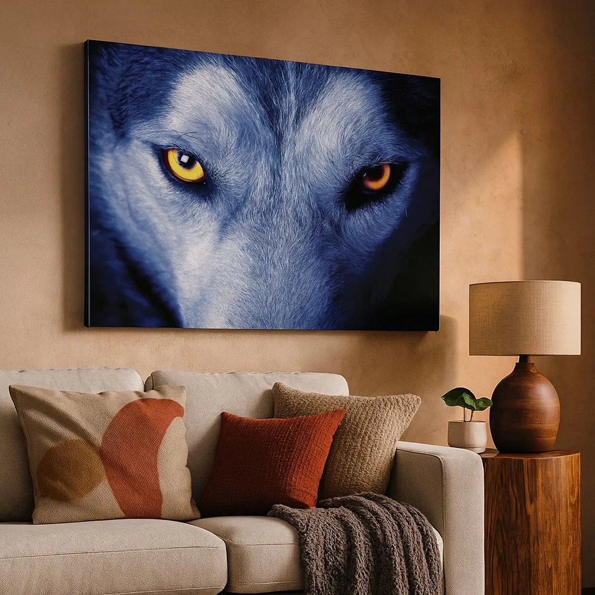 Impression sur toile - Image sur toile - Gros plan du regard intense d'un loup sur un fond sombre - 70x50cm - Regars hypnotique - Décoration murale moderne pour le salon et la chambre ARTTOR
