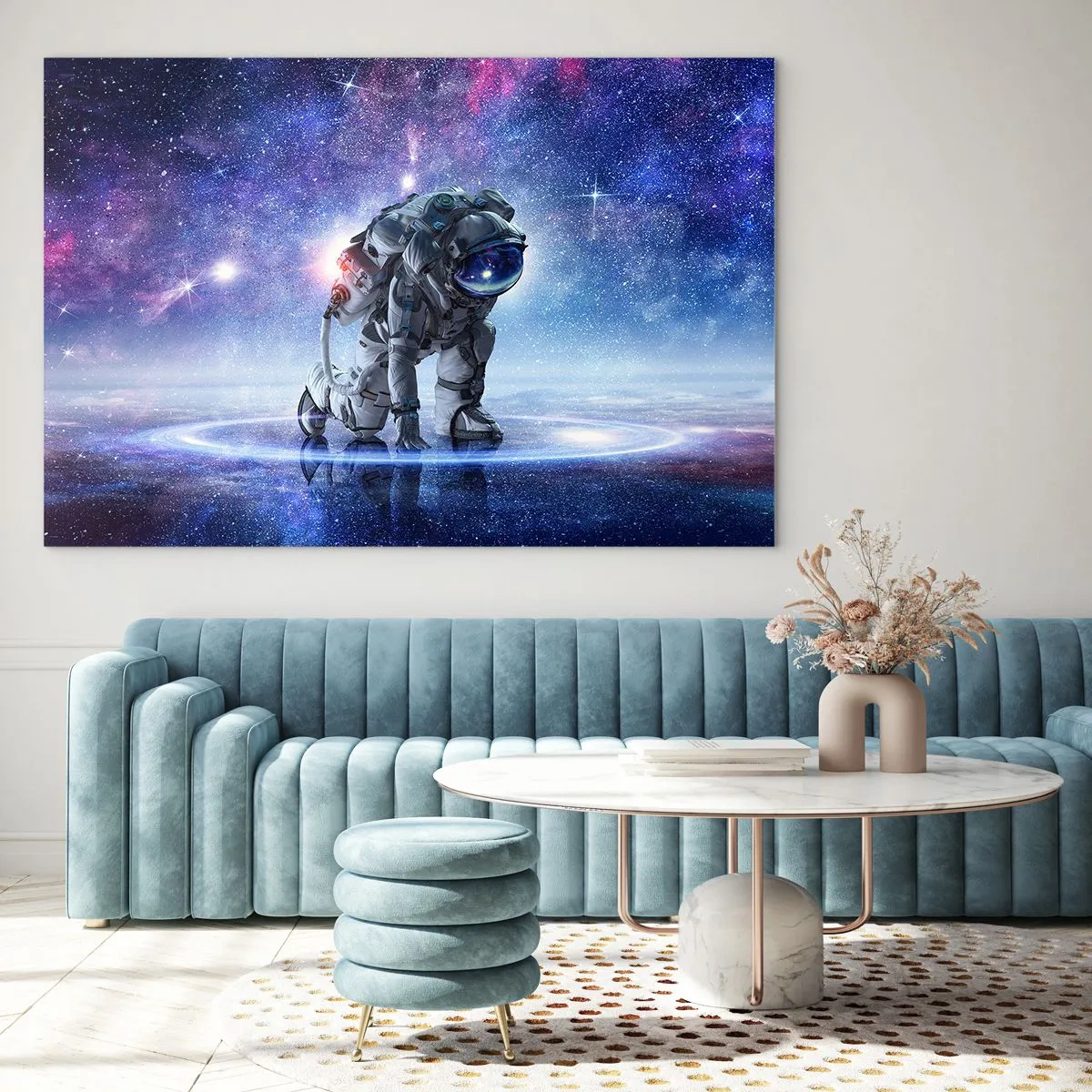 Impression sur verre - Image sur verre - Astronaute dans l'espace contre le ciel étoilé - 70x50cm - Le ciel étoilé au dessus de moi - Décoration murale moderne pour le salon et la chambre ARTTOR