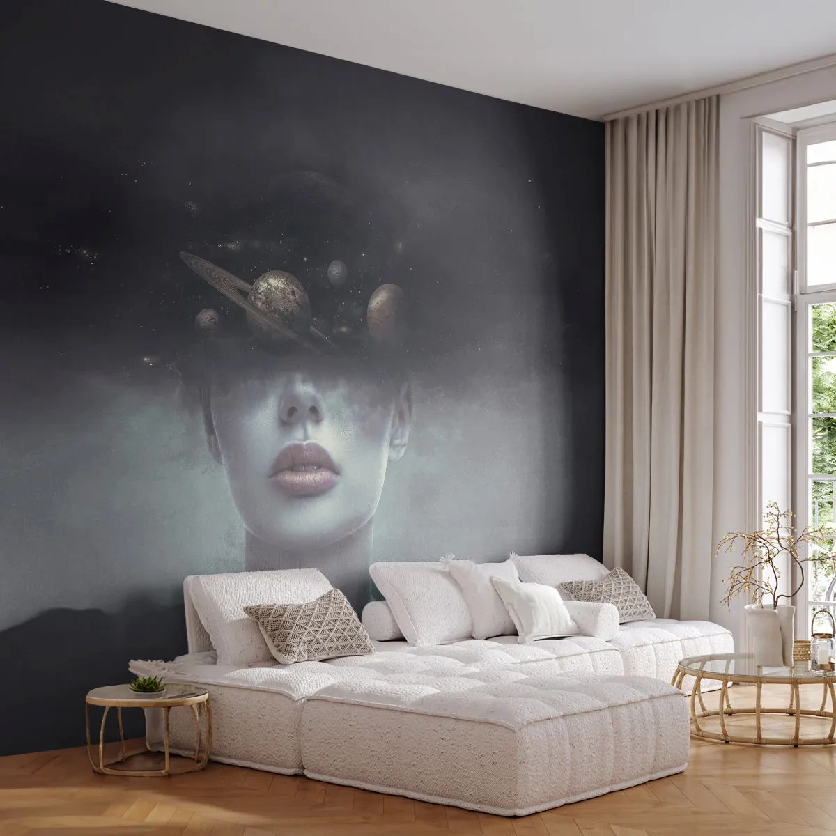 Papier Peint Photo Standard Eco - Portrait mystérieux d'une femme avec des planètes dans le brouillard - 100x70cm - Et les planètes deviennent folles... - Décoration murale moderne pour le salon et la chambre ARTTOR