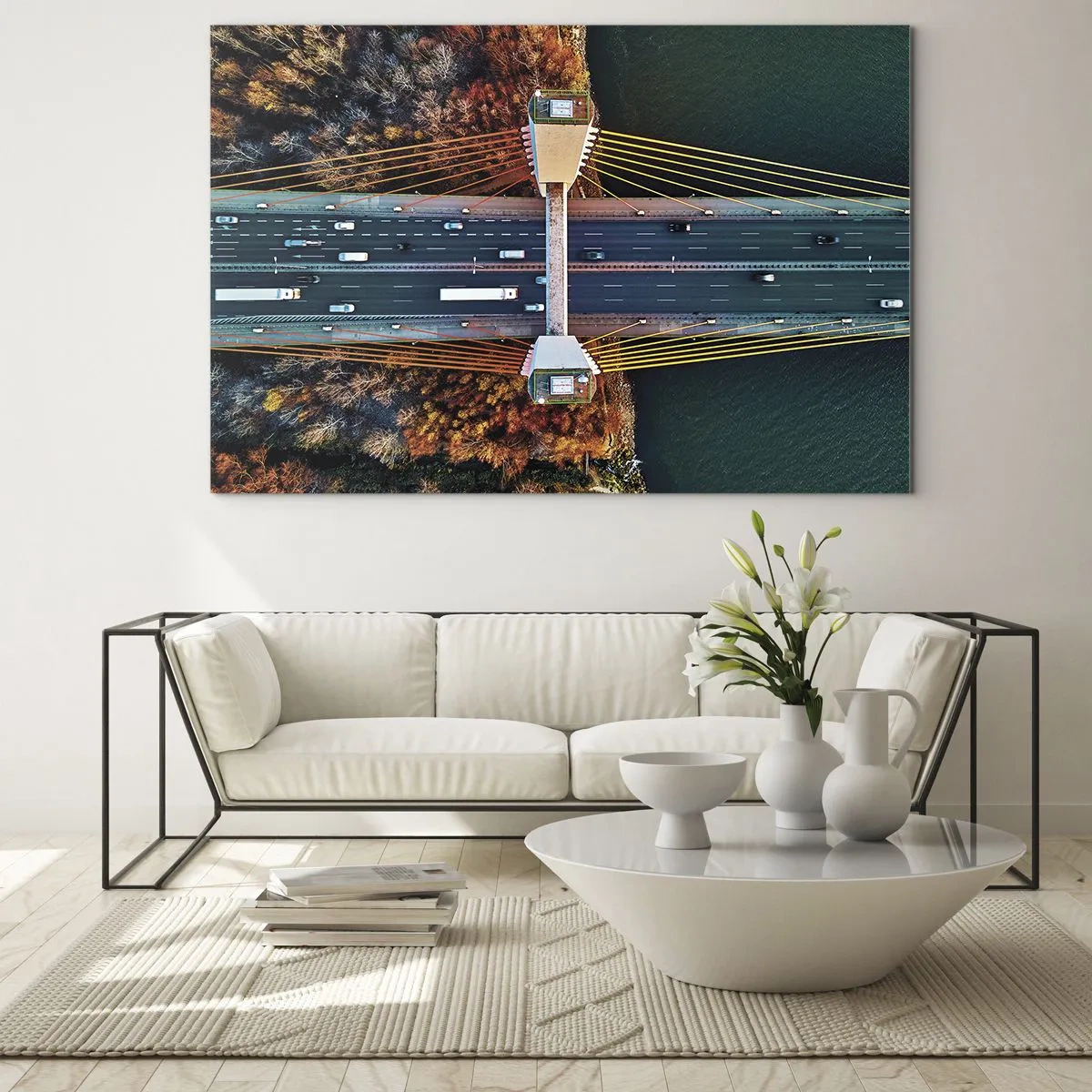 Impression sur verre - Image sur verre - Vue aérienne du pont avec une disposition symétrique des câbles et des voitures - 70x50cm - Au dessus de l'eau et de la forêt - Décoration murale moderne pour le salon et la chambre ARTTOR