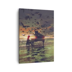 Impression sur toile - Image sur toile - Un piano au bord de la mer au coucher du soleil avec des oiseaux - 50x70cm - Concert pour piano et vagues - Décoration murale moderne pour le salon et la chambre ARTTOR