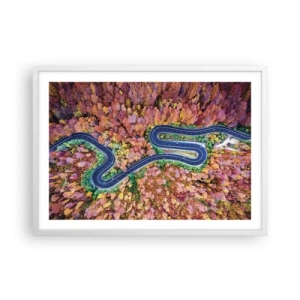 Affiche dans un cadre blanc - Poster - Route sinueuse à travers la forêt - 70x50 cm