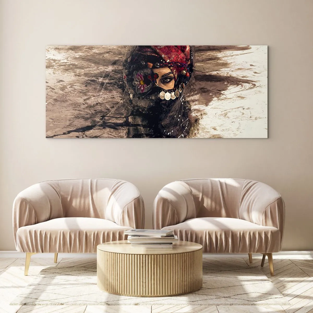 Impression sur verre - Image sur verre - Portrait artistique d'une femme en tenue orientale sur fond abstrait. - 140x50cm - Inquiétant, c'est le moins qu'on puisse dire - Décoration murale moderne pour le salon et la chambre ARTTOR