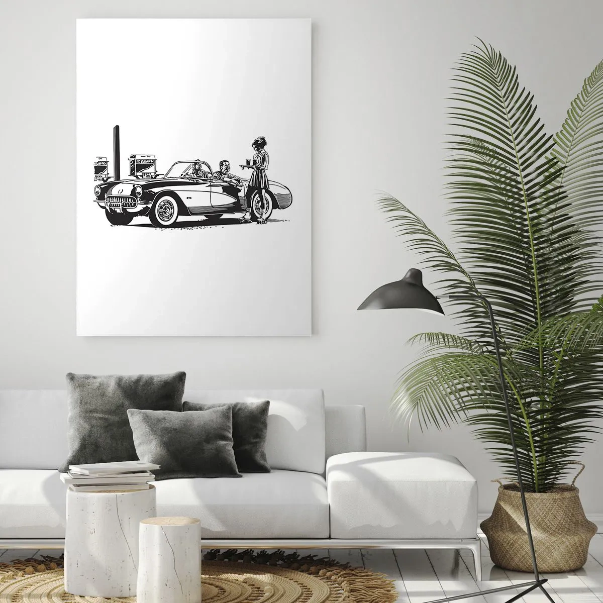 Impression sur verre - Image sur verre - Une scène rétro en noir et blanc avec une voiture et une serveuse en patins à roulettes. - 70x100cm - 60's - Amérique insouciante - Décoration murale moderne pour le salon et la chambre ARTTOR