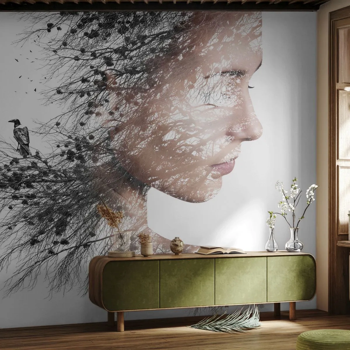 Papier Peint Autocollant Deluxe Sticker - L'âme de la forêt - Abstraction, Visage de femme, Arbre - 350x256 cm