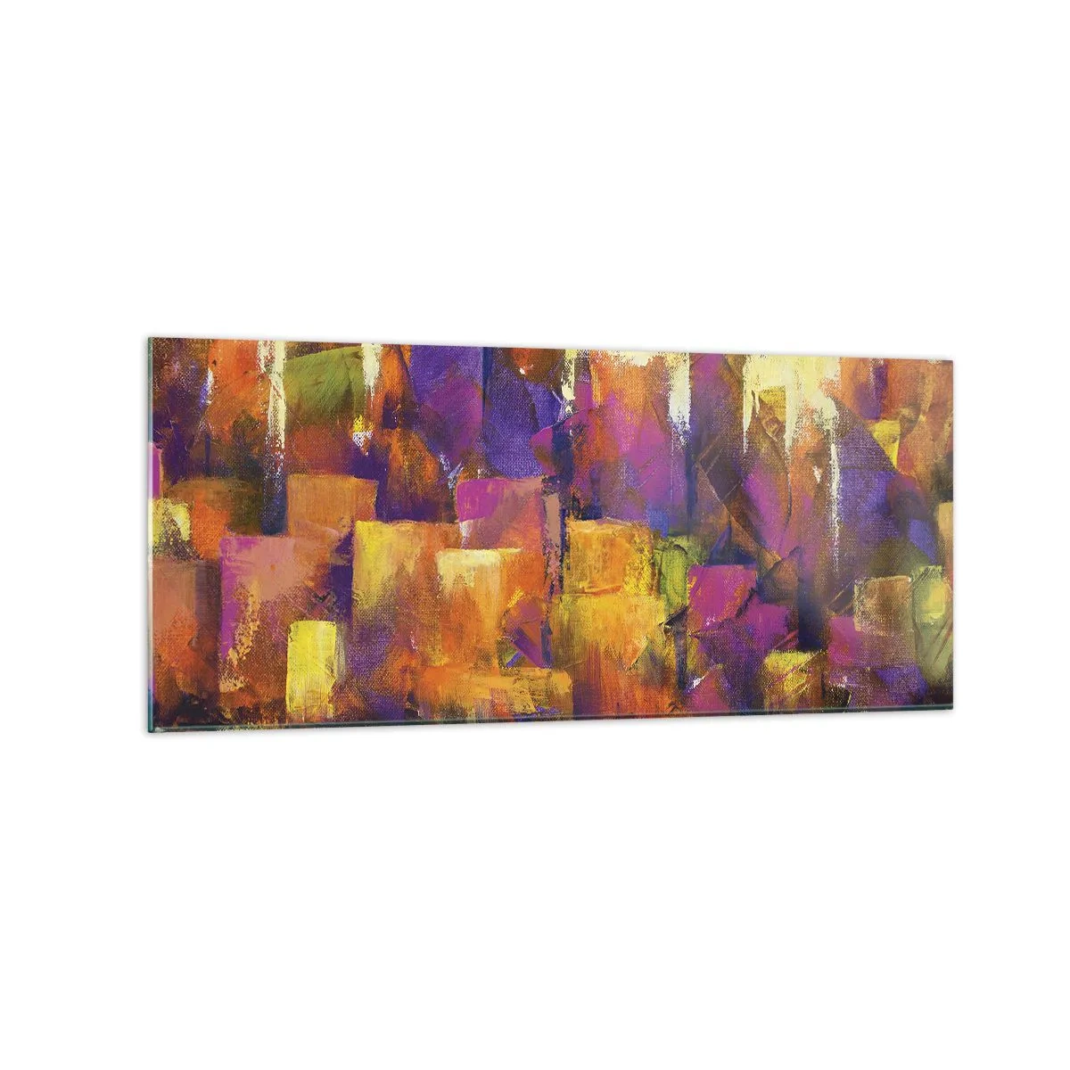 Impression sur verre - Image sur verre - Composition abstraite d'une métropole dans les tons jaune et violet - 120x50cm - Composition métropolitaine - Décoration murale moderne pour le salon et la chambre ARTTOR