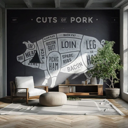 Papier Peint Photo Premium Sand - L'art de la découpe - La gastronomie, Animal Cochon, Porc - 400x280 cm